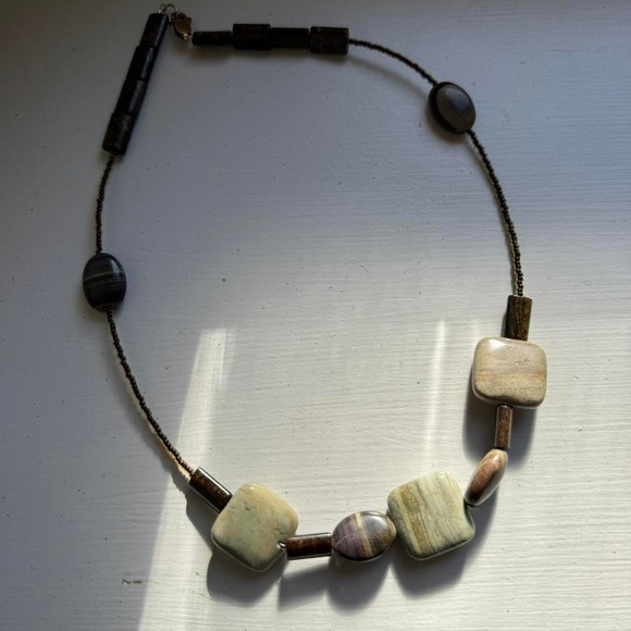 Beaded Necklace Green Brown Stone Handmade Boho Fairy Jasper - Picture 3 of 5